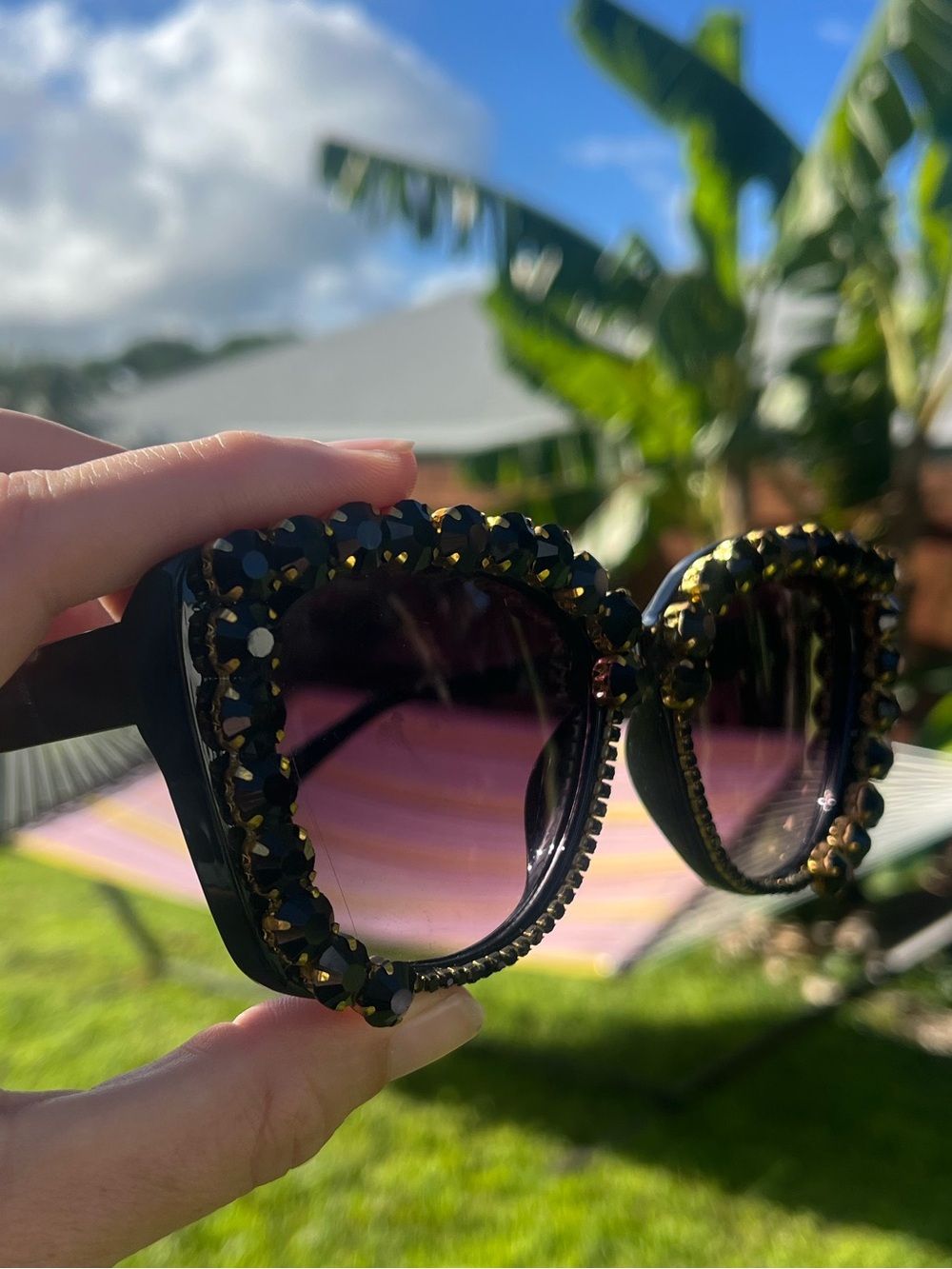 Oversized Black Rhinestone Jeweled Sunglasses Gold Tone Glam Statement W3463 - Picture 3 of 7